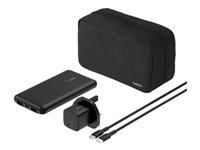 Belkin BoostCharge - Strømbank + AC-strømadapter - 10000 mAh - 3 utgangskontakter (24 pin USB-C, 2 x USB) - på kabel: USB-C - Storbritannia - med pose med glidelås BU041MYBK