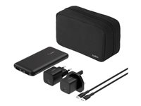 Belkin BoostCharge - Strømbank + AC-strømadapter - 10000 mAh - 3 utgangskontakter (24 pin USB-C, 2 x USB) - på kabel: USB-C - med pose med glidelås BU041HQBK