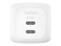 Belkin BoostCharge Pro - Strømadapter - GaN - 50 watt - Fast Charge, PD 3.1/PPS - 2 utgangskontakter (2 x USB-C) - hvit WCH019KQWH